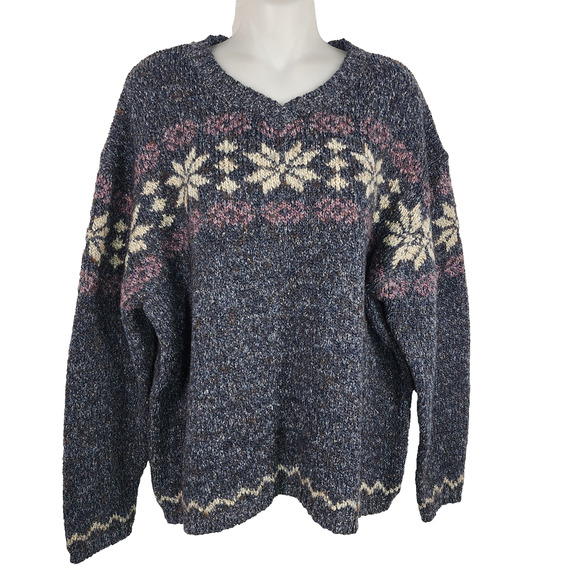 VTG Britches Womens Pullover Sweater XL Wool Blend Snowflake V Neck Blue Classic - Picture 1 of 9